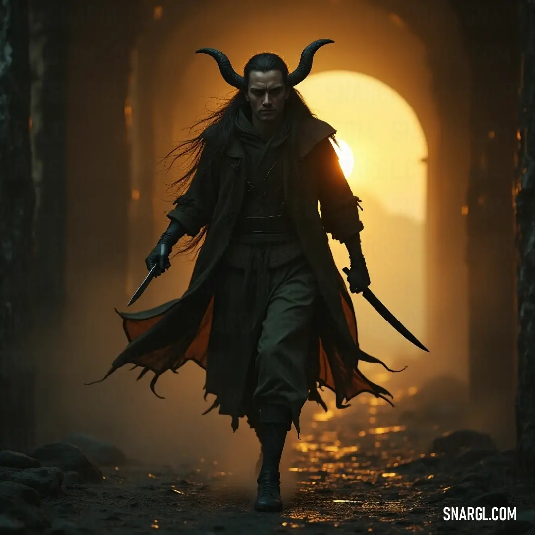 A striking figure with majestic horns and a long coat strides confidently through a shadowy tunnel, brandishing a formidable sword. The sun breaks through the entrance, casting an ethereal light that dances around them, evoking a sense of adventure and my