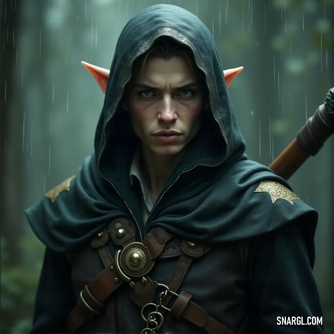 Oropher in a hooded outfit with a horned head and horns on his head holding a sword in the rain