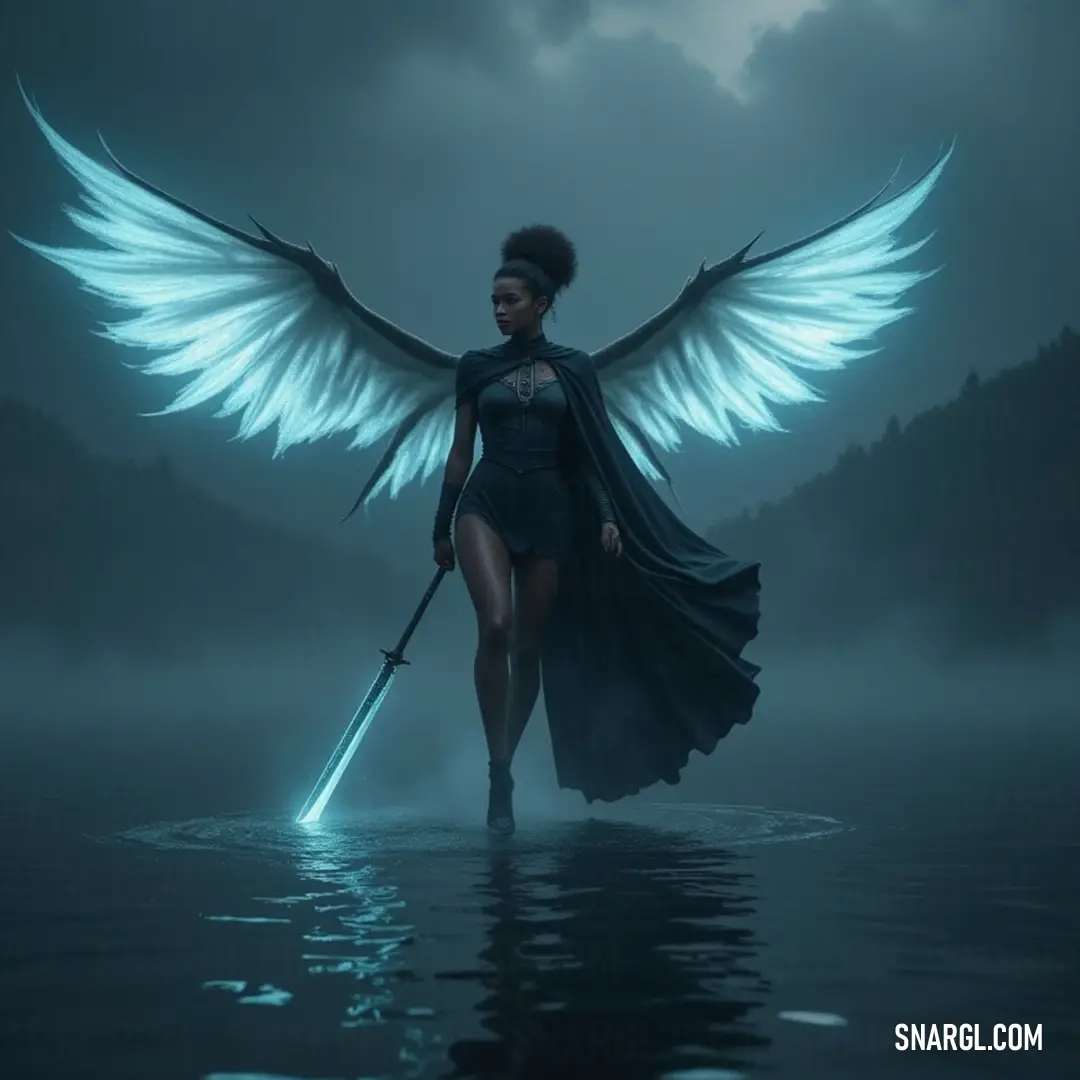 A striking figure with magnificent wings stands boldly in the water, clutching a shining sword against a mysterious dark backdrop. A striking figure adorned with magnificent wings stands boldly in the water, gripping a shining sword. Their presence is illuminated by the dark background, creating an aura of mystery and power.