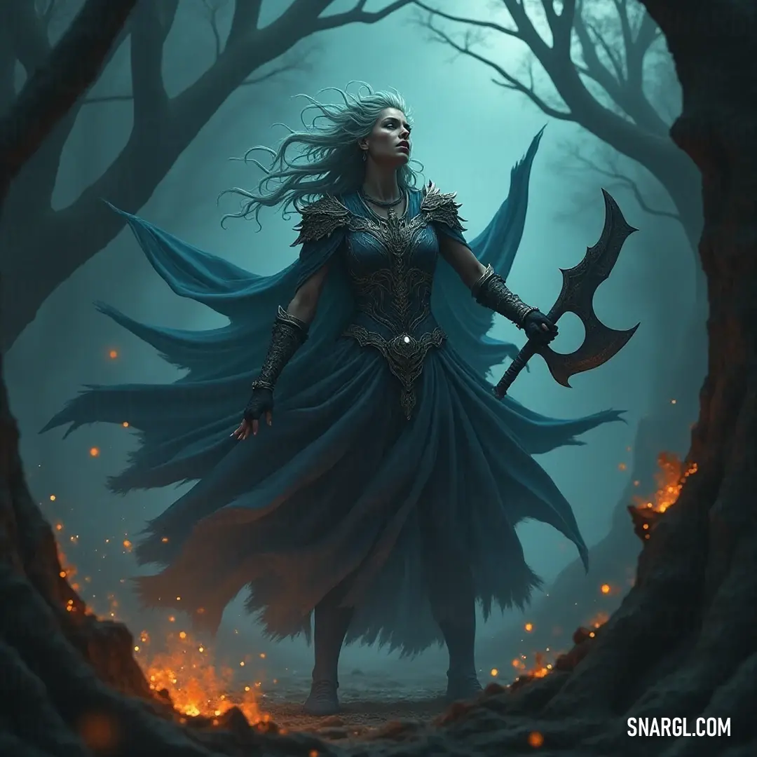 A fierce warrior, clad in formidable attire, stands defiantly in a forest alive with the chaos of fire and smoke, exuding strength against a fiery backdrop.