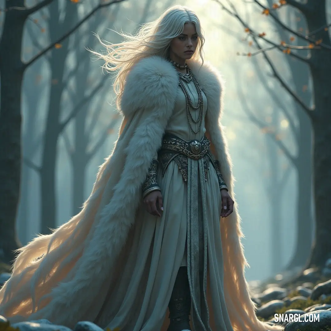 A radiant warrior clad in a flowing white dress and fur coat wanders through an ancient forest, the light illuminating her noble figure amidst the trees.