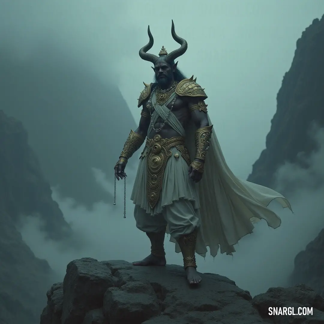 A confident figure clad in a striking costume and adorned with horns stands tall on a rocky peak, surveying a majestic mountain landscape that beckons with the promise of adventure. A spirited character adorned with horns stands atop a rocky summit, draped in an elaborate costume, gazing out over a breathtaking mountain range, embodying confidence and the allure of adventure.