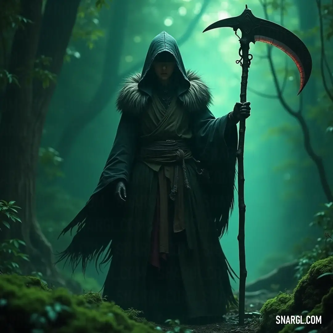 A robed figure in a hood, holding a glowing staff, surrounded by enchanting green lights in an otherworldly forest. A mysterious figure wears a dark hooded robe, clasping a glowing staff as radiant green lights illuminate the forest around him, embodying mystical strength and wisdom.