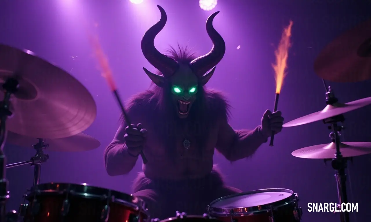 A dynamic demon drummer takes center stage, showcasing its talent under the brilliance of dazzling lights, as its fierce features enthrall the audience with every pulsating beat. A striking demon drummer raises its sticks against a backdrop of bright lights, revealing features adorned with horns and vivid green eyes, breathing life into the rhythm that resonates through the electrifying atmosphere of the room.