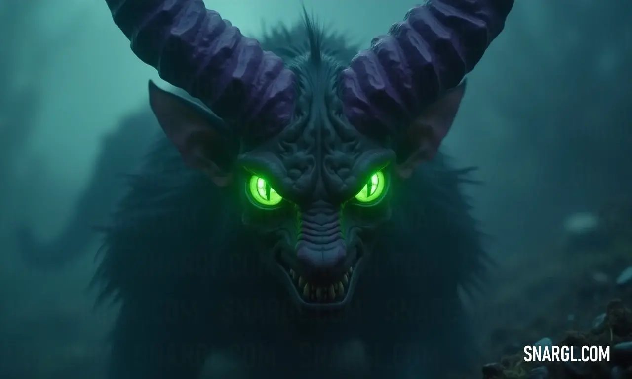 A fearsome demon perches amidst the foggy forest, its glowing green eyes and imposing horns setting the scene for a grim narrative full of intrigue and dark beauty. A formidable demon stands guard in a fog-laden forest, its piercing green eyes and twisted horns piercing the mist, creating a chilling aura around ancient rocks that silently witness this otherworldly encounter.