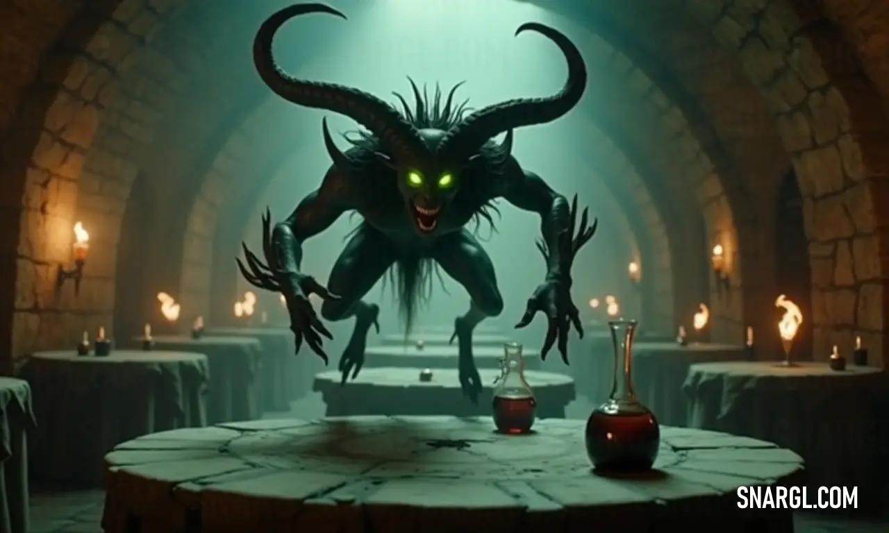 A chilling yet captivating demon looms in the shadows, surrounded by flickering candles and an intricately designed vase that tells tales of dark beauty and whispered secrets. A demonic figure stands imposingly in a dim room, candlelight flickering around it and illuminating a table adorned with an ornate vase, casting eerie yet beautiful reflections in the shadows of the night.