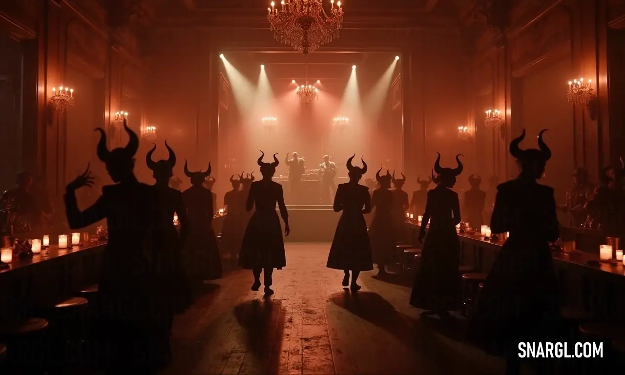A lively ensemble of devil-costumed figures descends a candlelit corridor, where the delicious thrill of mischief and celebration illuminates the darkness, accompanied by a majestic chandelier's soft glow. A captivating group of revelers, dressed in devilish costumes, marches down a dimly lit hall adorned with flickering candles and an extravagant chandelier that casts playful shadows, creating an electrifying atmosphere of excitement and camaraderie.