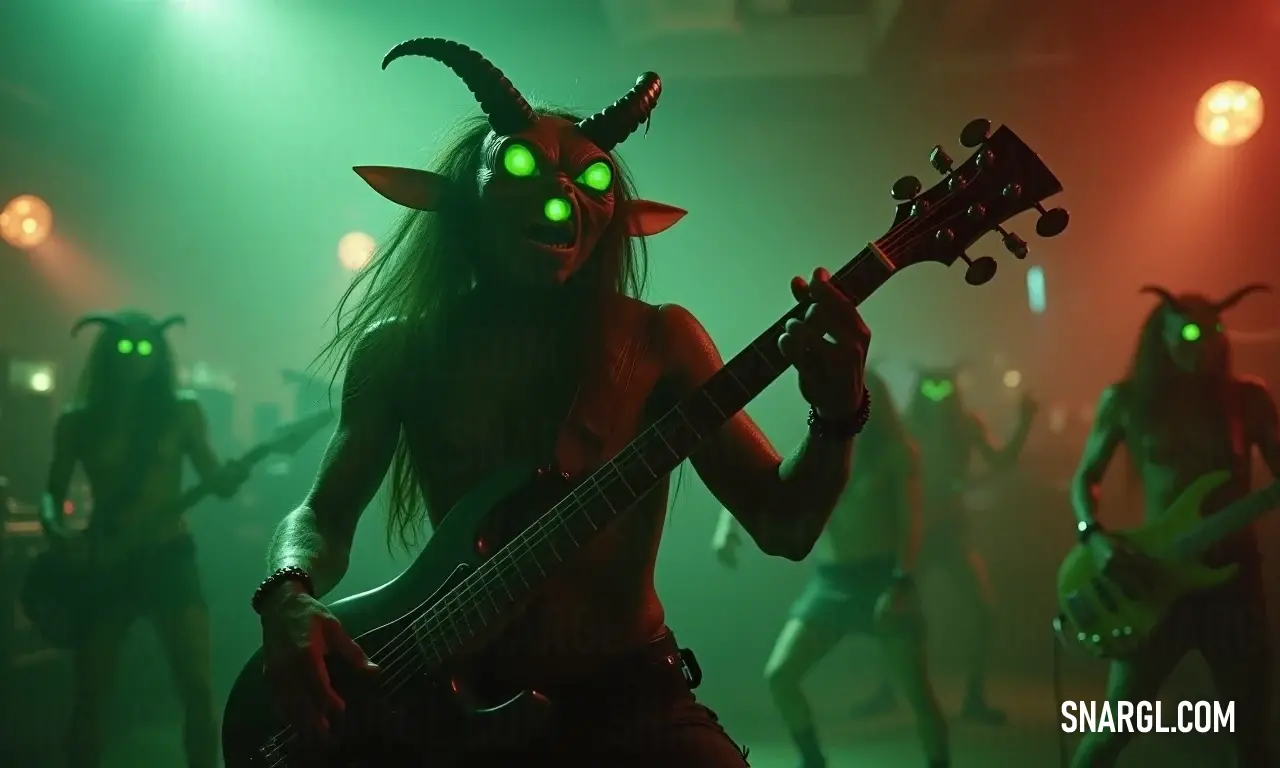 In a darkened room, a guitarist adorned with horns enchants an audience, their green eyes shining in tune with the music that fills the air, illustrating a night where magic and melody intertwine. A horned musician strums a guitar passionately in a shadowy chamber, where its faint light reveals a sea of captivated faces with luminous green eyes, immersing the audience deep in the rhythm of an enchanting performance.