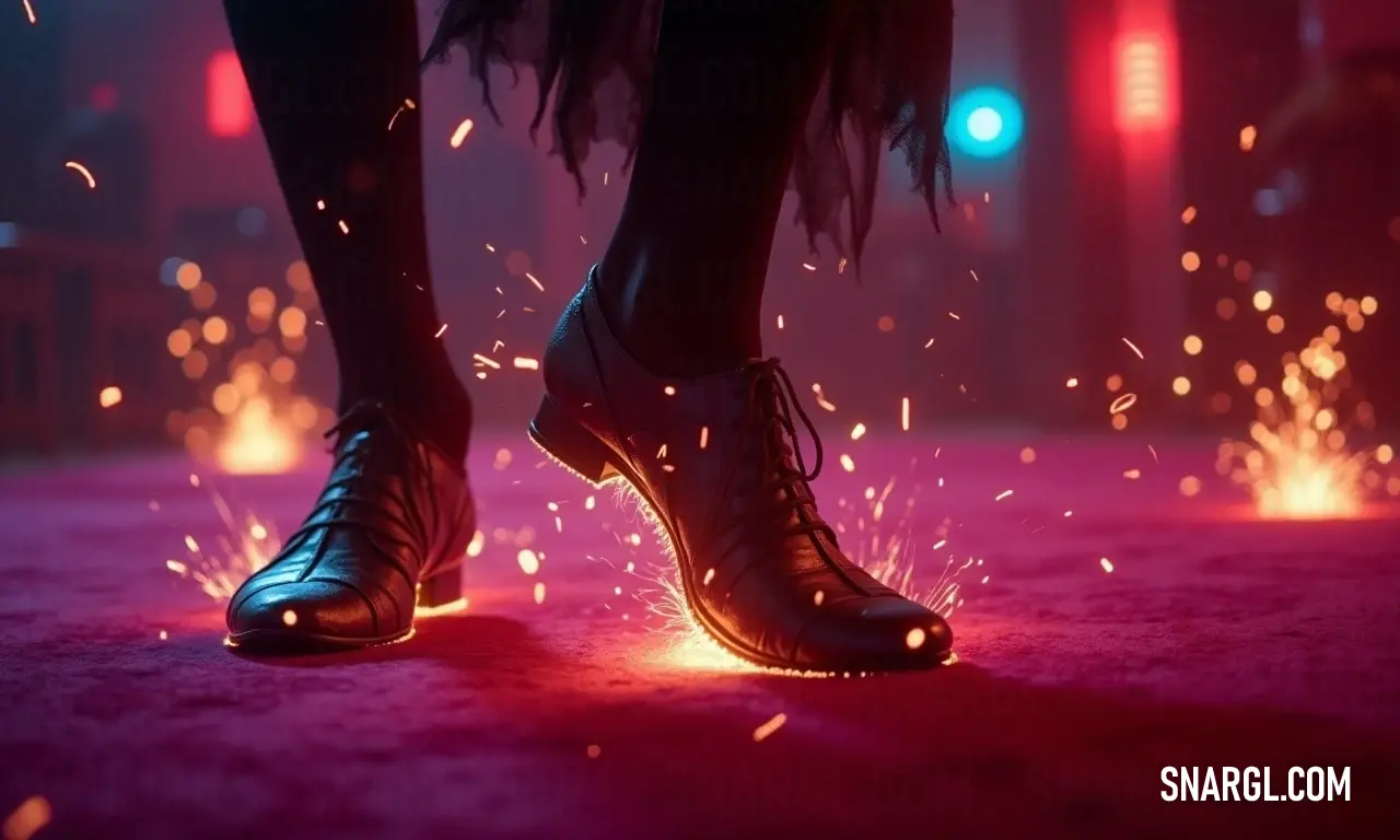 A mesmerizing scene featuring a woman's feet surrounded by sparkling lights and a warm red glow. A captivating display of a woman's feet, shimmering sparkles dancing in the air, set against the backdrop of a vivid red light creating an enchanting ambiance.