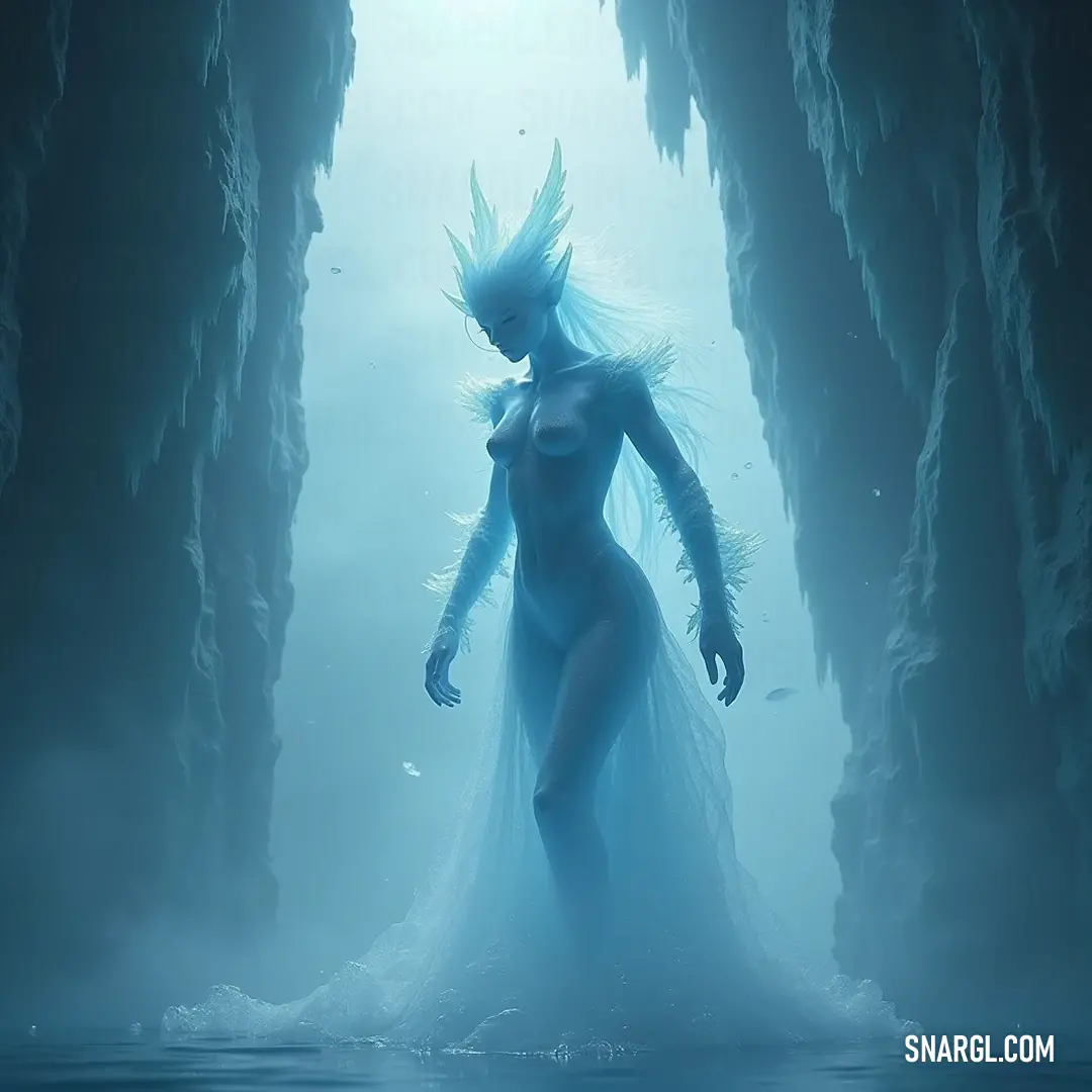 Otohime elegantly posed in an enchanting ice cave, with her blue gown glistening and the wind softly tousling her hair. Otohime gracefully stands in an icy cave, her flowing blue dress contrasting with the shimmering ice cascading around her. The cold air swirls through her hair, creating an ethereal image of beauty and mystery in this frozen world.