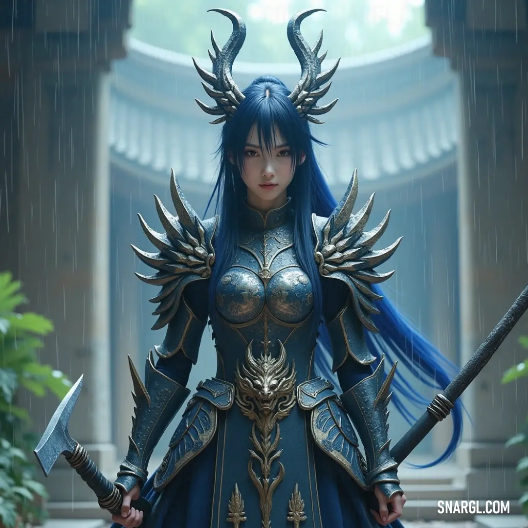 Otohime in costume with horns, wings, and swords ready for battle Otohime, dressed in an intricate costume complete with horns and wings, stands confidently while holding two swords, exuding power and mystery.
