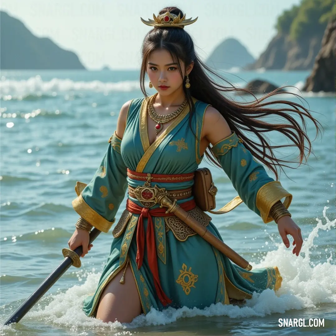 Otohime, with her regal crown and sword, stands serene amidst the waters, her green dress reflecting the beauty and tranquility of the ocean as she reigns as a divine sea goddess. The graceful Otohime, clad in a flowing green dress, stands in the water, a sword by her side and a crown adorning her head, embodying the power and serenity of the sea goddess.