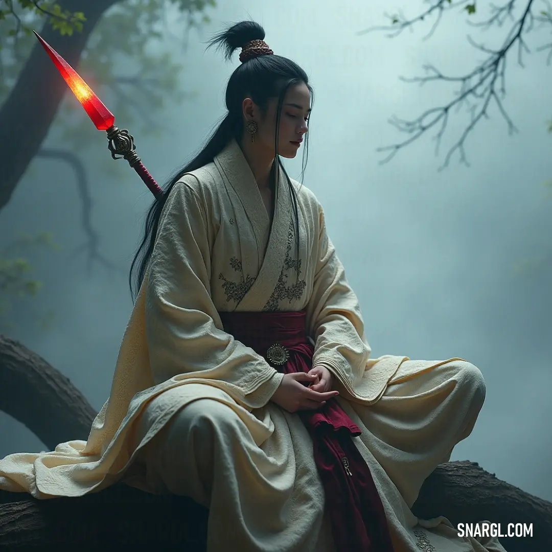 Otoshigami, with a sword in hand and a red light glowing from above, watches over the scene from a tree branch. Otoshigami, dressed in a vibrant kimono, perches on a tree branch, holding a sword. A mysterious red light casts a glow over her as she surveys the landscape below, her figure framed by the dark, foreboding night.