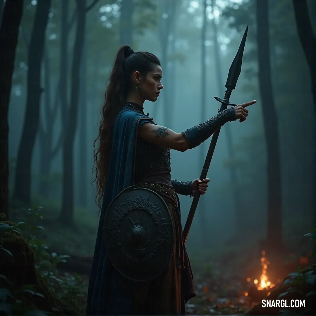 A fierce warrior stands in the heart of an ancient forest, wielding a sword in one hand and a shield in the other. The backdrop is ablaze with a fiery glow, illuminating the trees and casting shadows on her determined face.