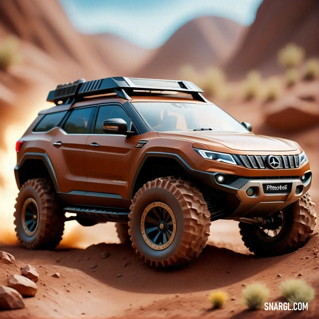 Brown truck driving through a desert filled with rocks and dirt covered hills with a sky background and a desert like landscape