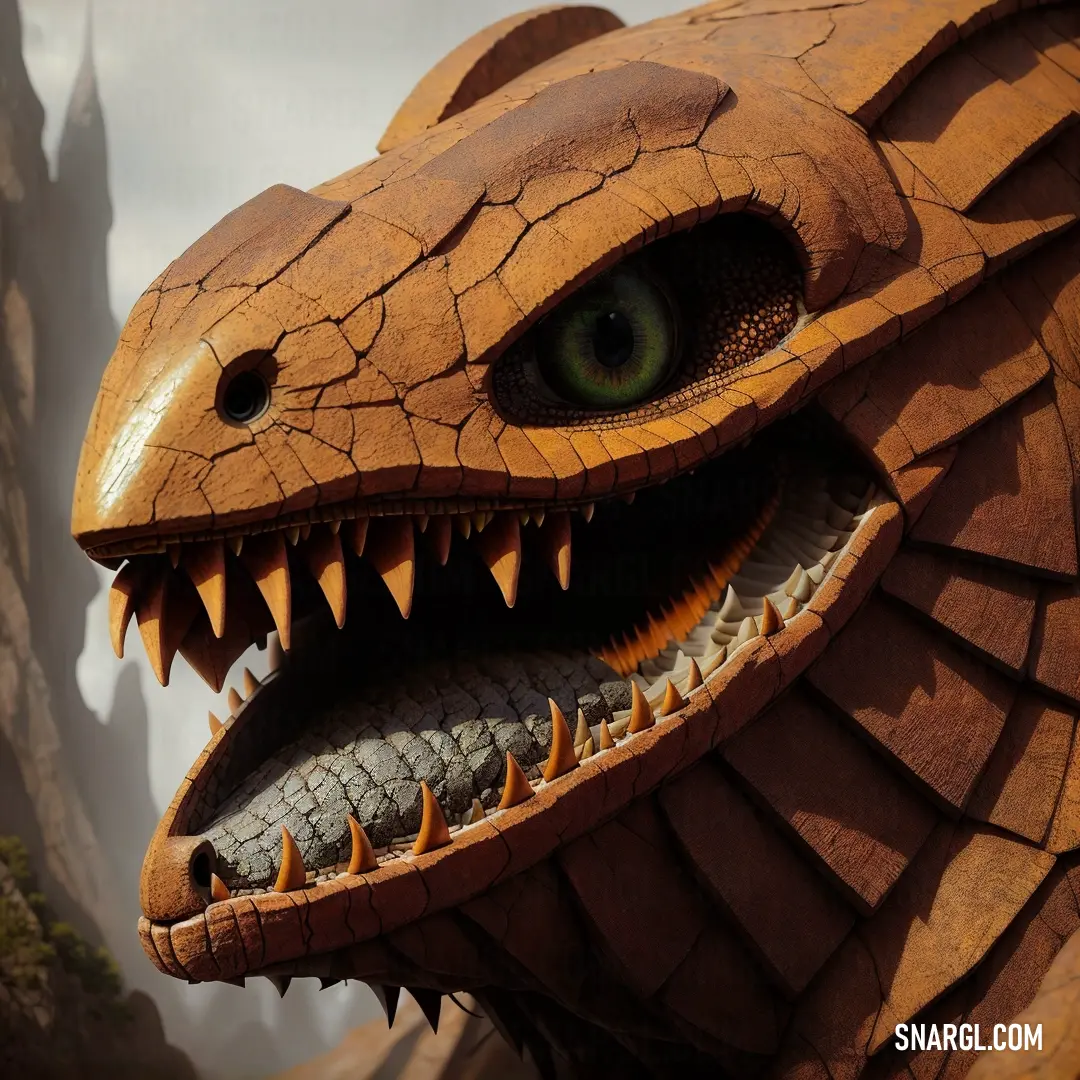 Close up of a fake dragon with large teeth