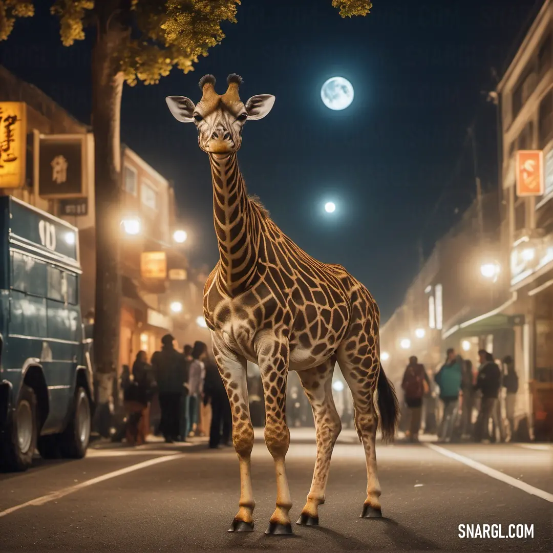 Giraffe standing in the middle of a street at night with people standing around it and a bus in the background