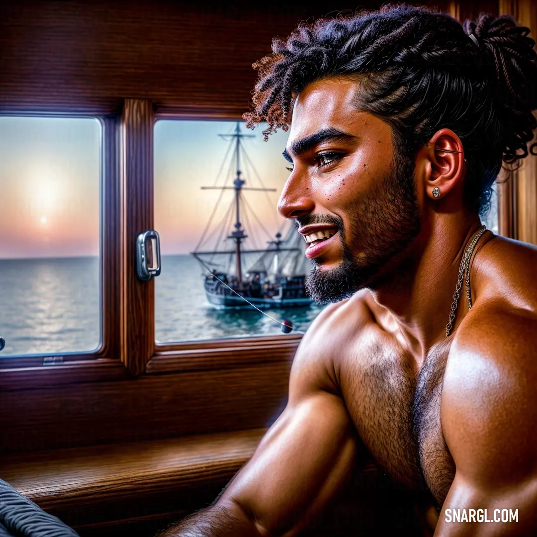Man with dreadlocks looking out a window at a ship in the ocean at sunset or dawn