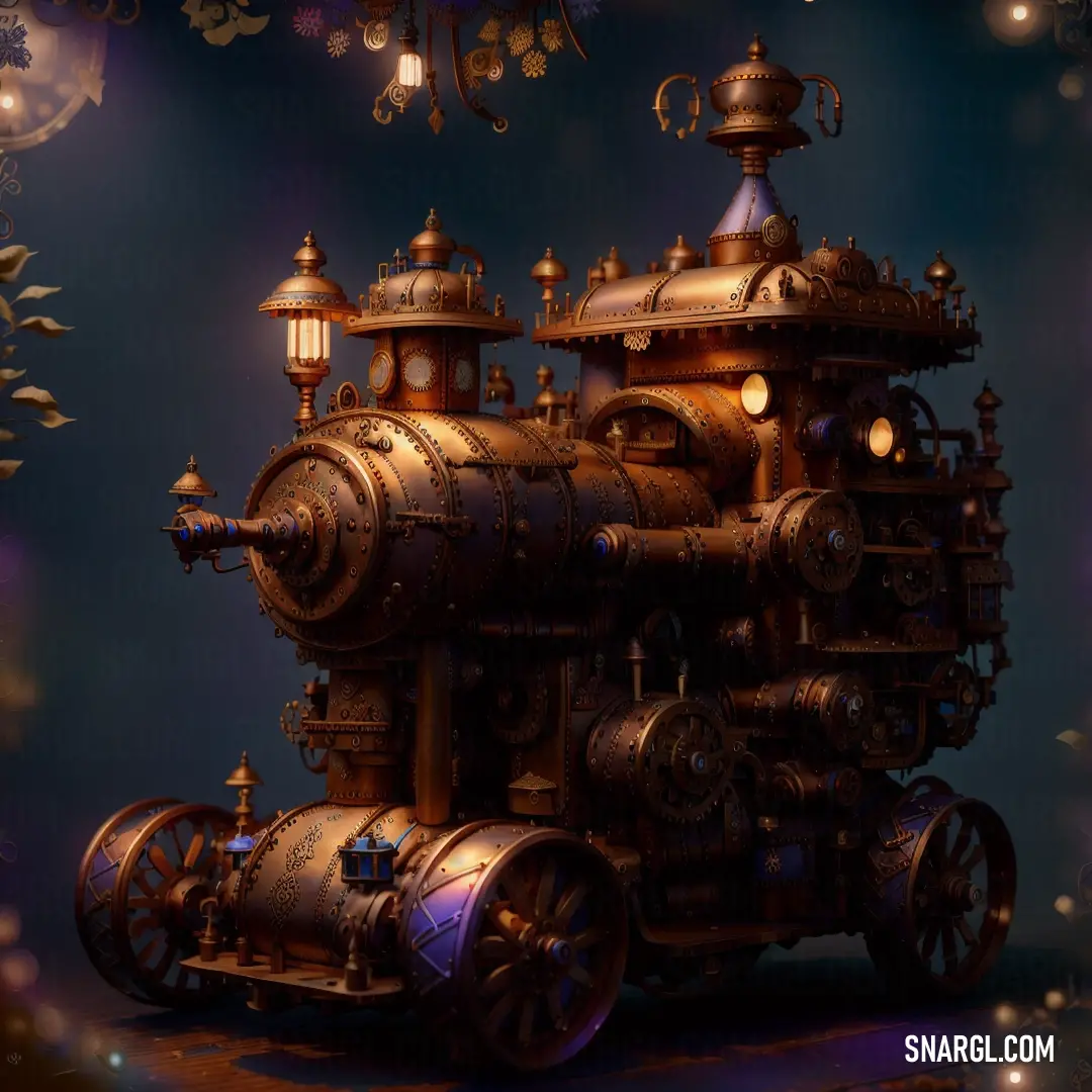 Steam engine is shown in a surreal scene with lights and bubbles around it and a blue background with a gold and purple theme