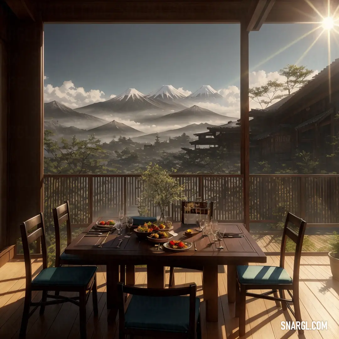 Table with a plate of food on it in front of a mountain view with a mountain range in the background. Example of RGB 101,67,33 color.