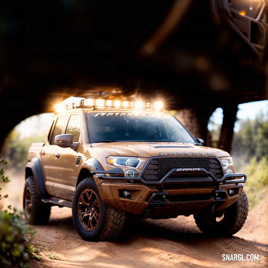 Otter brown color. Truck is driving down a dirt road with lights on it's roof and a trail under it