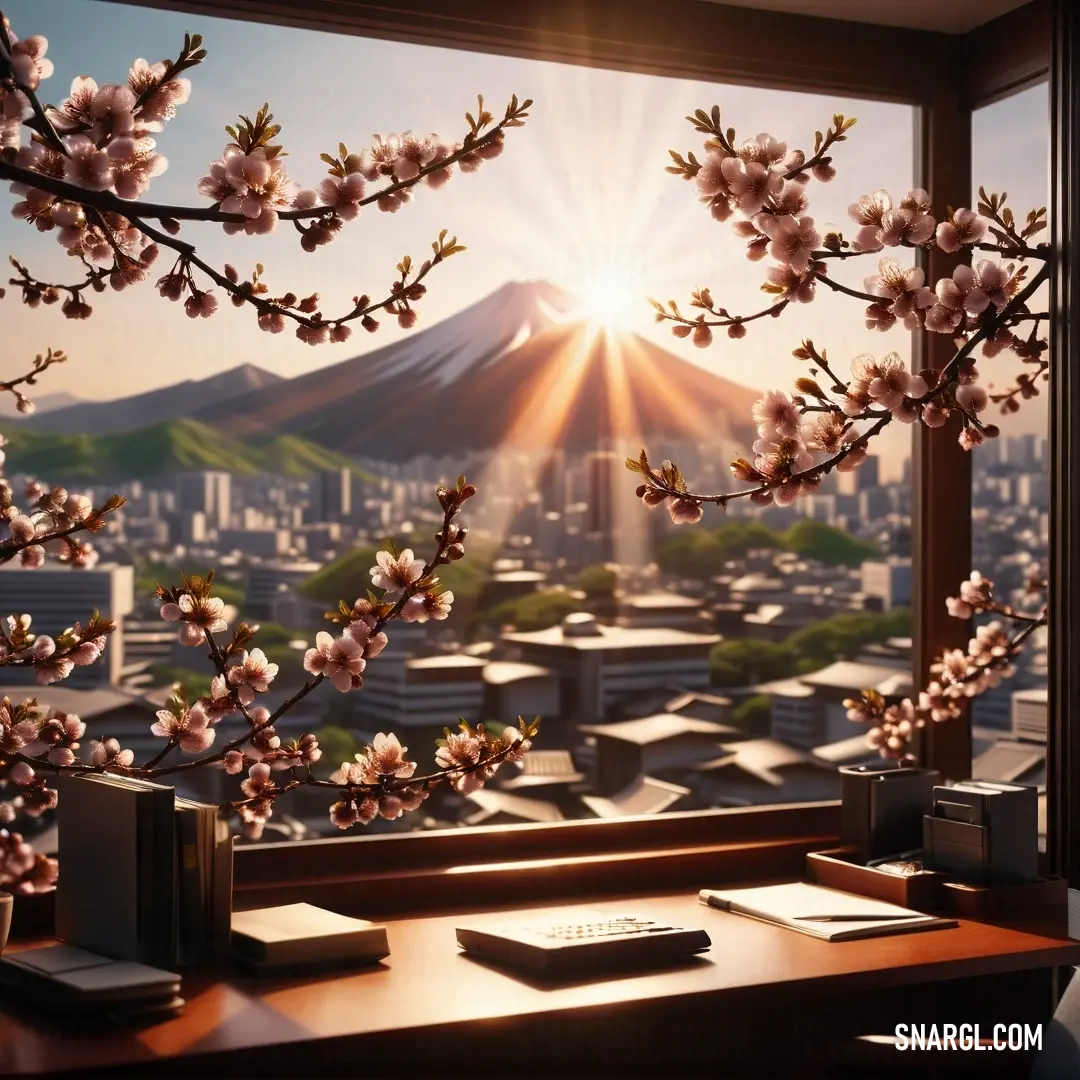 Window view of a city with a mountain in the background and a cherry blossom tree in the foreground. Example of CMYK 0,34,67,60 color.