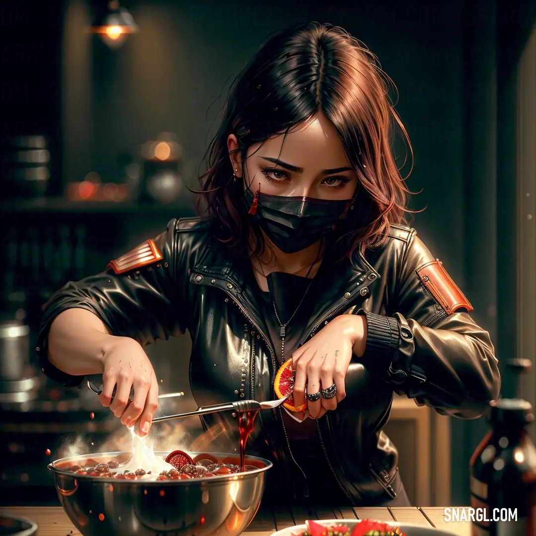 Woman in a black mask is cooking in a bowl of food on a table with a knife and fork