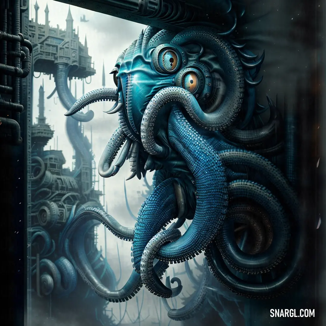 Blue octopus is in a window with a city in the background and a sky background with clouds and buildings