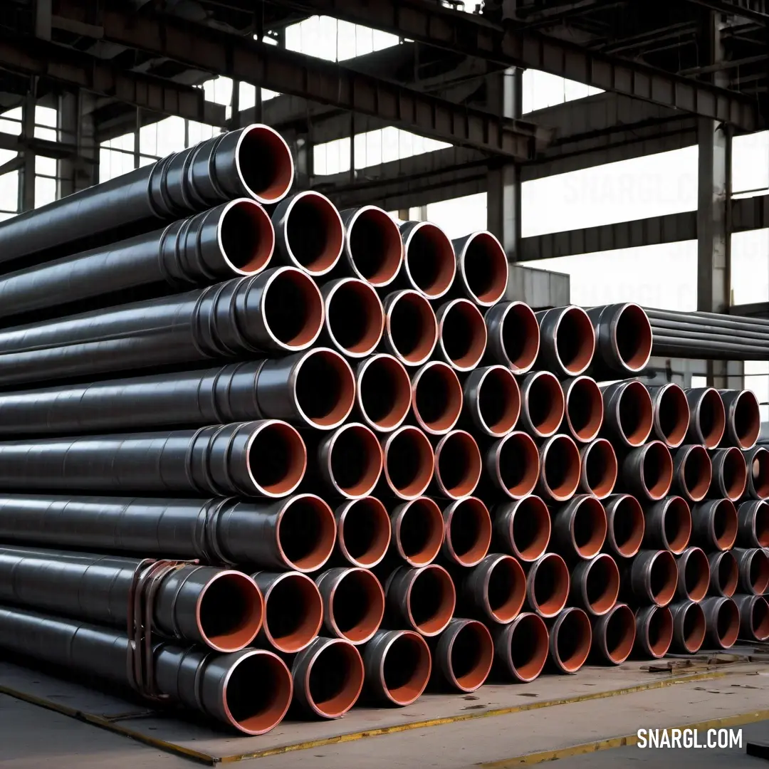 Outer Space color. Large stack of pipes in a warehouse with a lot of them stacked up in a row on the floor