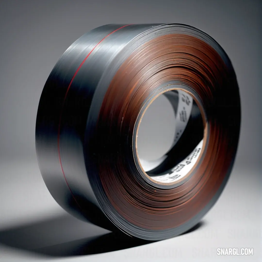 Roll of black and brown tape on a white surface with a shadow on the floor behind it and a red stripe on the side of the roll
