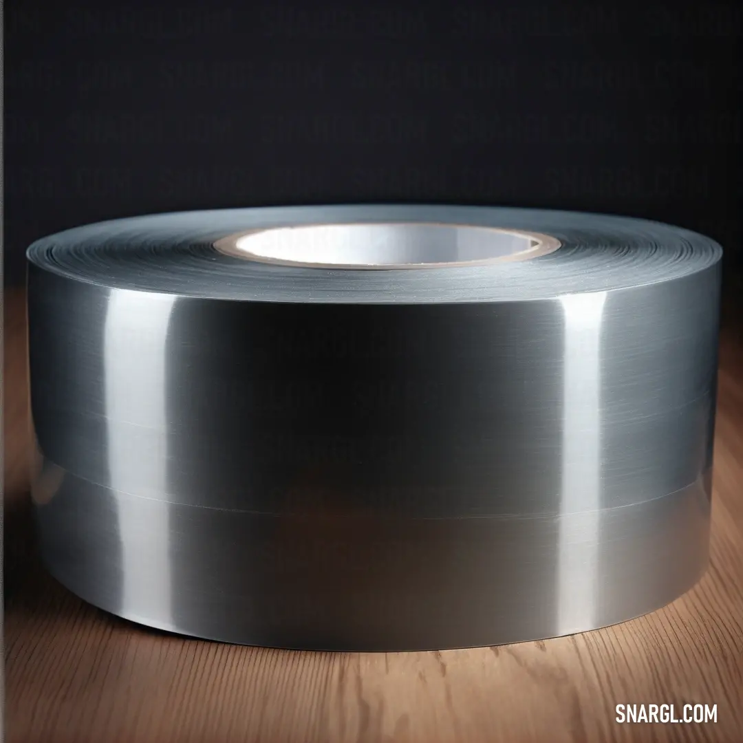 Outer Space color example: Roll of silver colored tape on a wooden surface with a black background