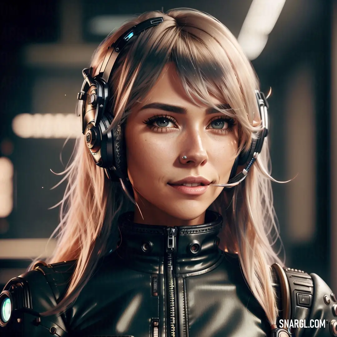 Woman wearing headphones and a leather jacket in a futuristic setting. Color CMYK 14,3,0,70.