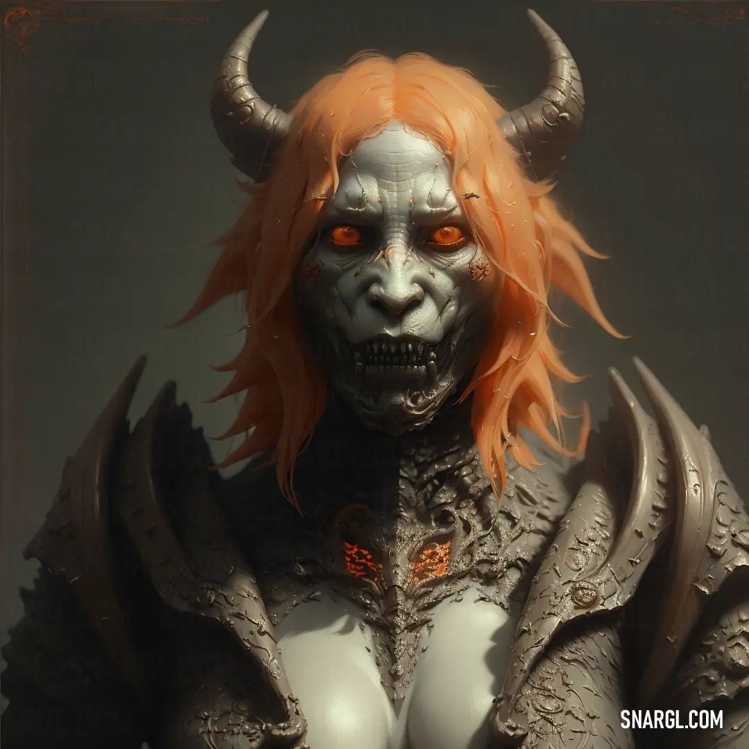 Woman with orange hair and horns wearing a costume with horns and a demon face on her chest
