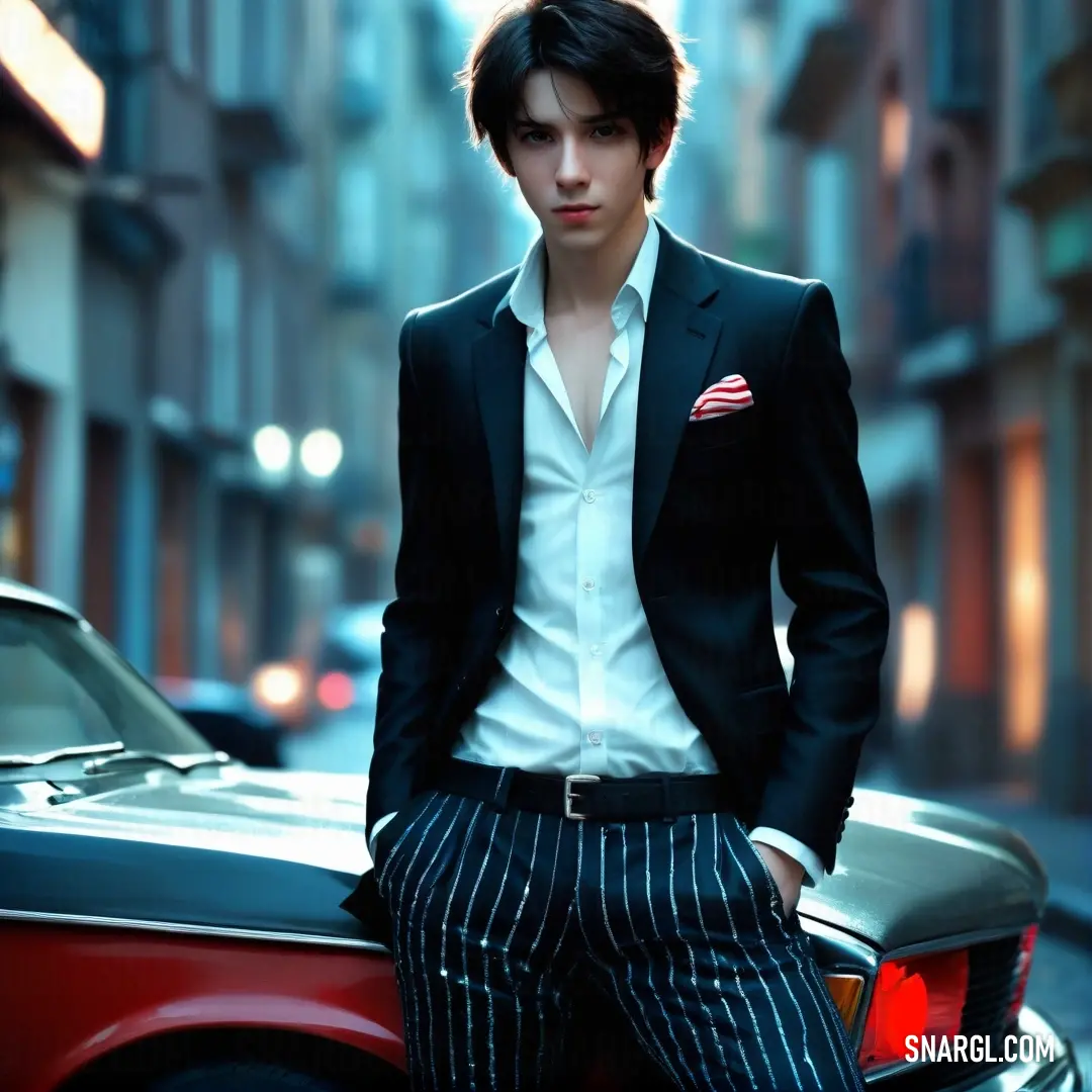 Man in a suit leaning on a car in a city street at night with a red car behind him