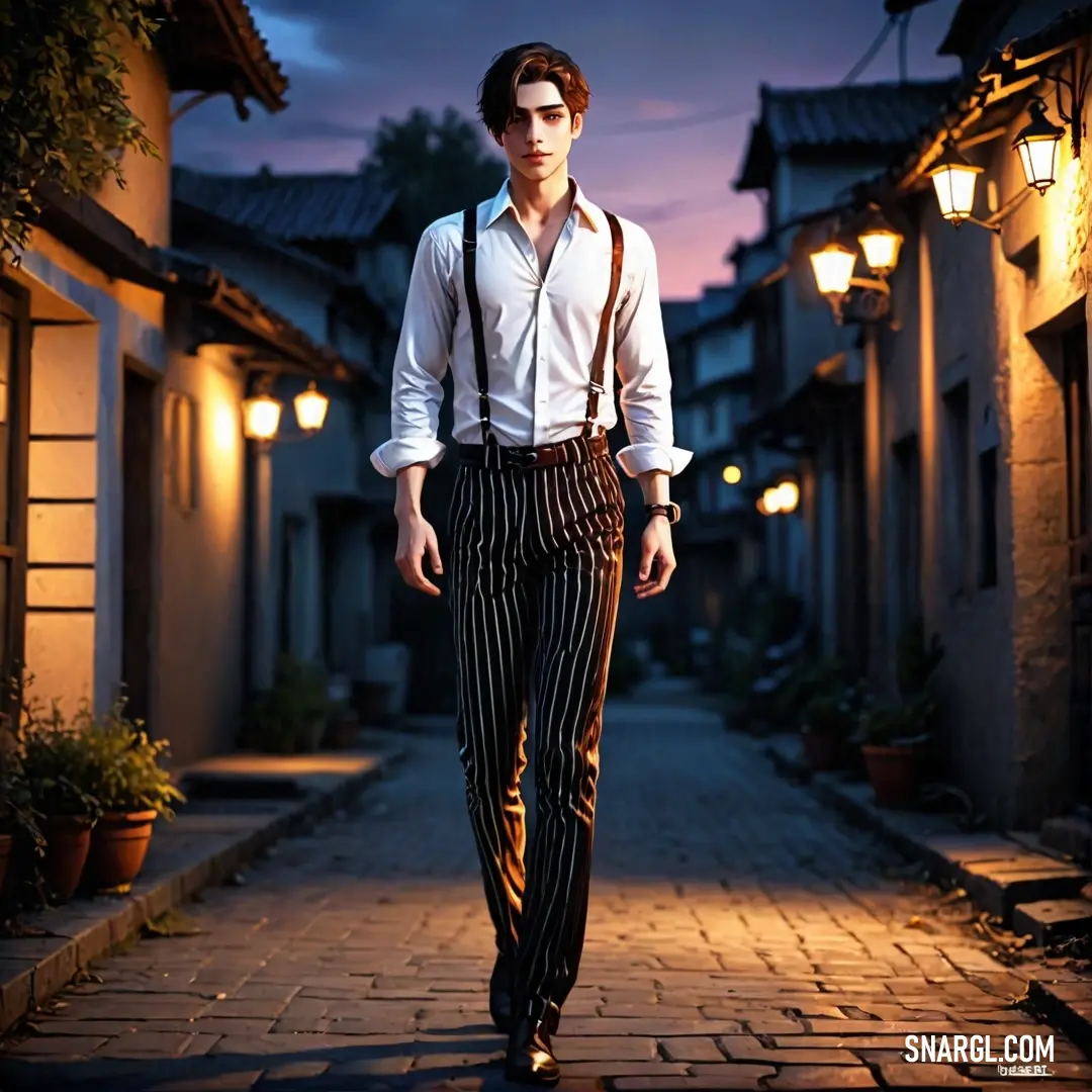Man in a white shirt and striped pants walking down a street at night with a camera in his hand