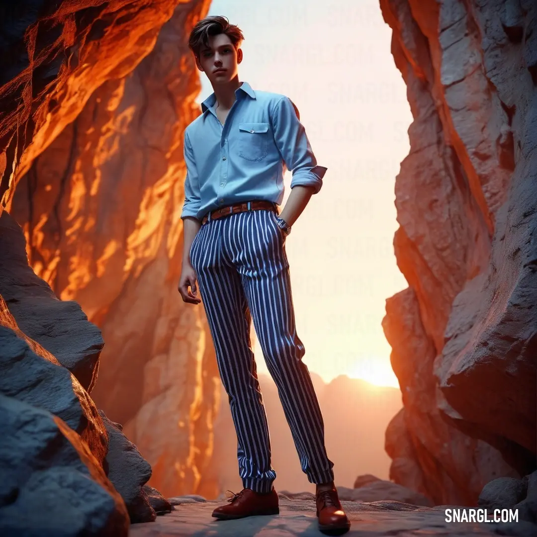 Man standing in a cave with a blue shirt and striped pants on and a mountain in the background