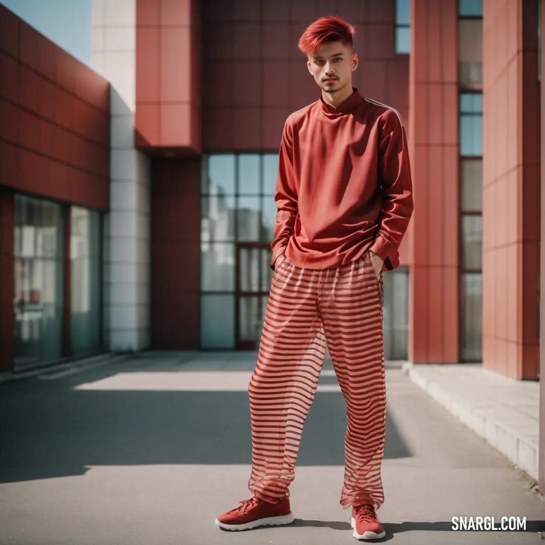 Man with red hair wearing a red and white striped sweat suit and sneakers standing in front of a building