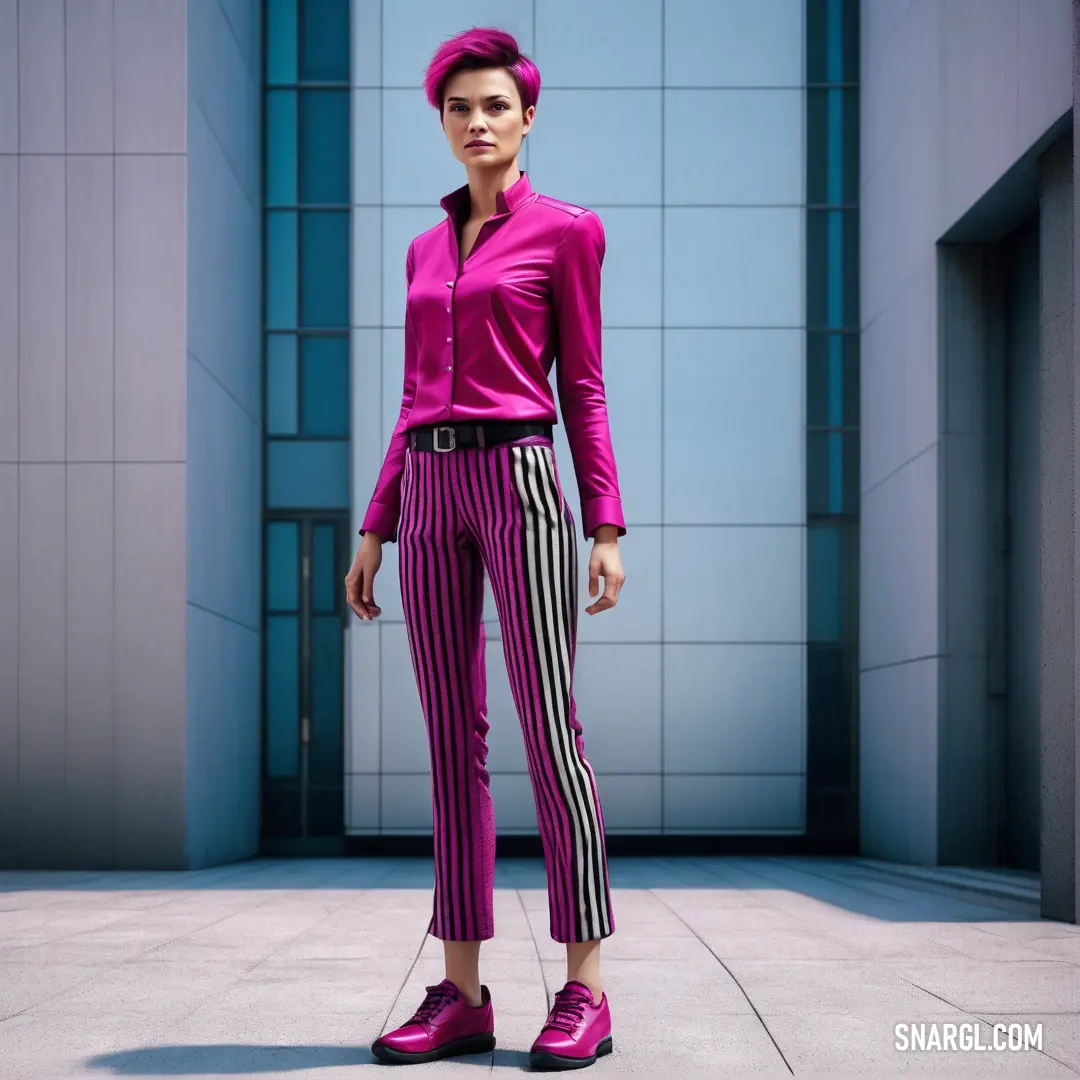 Woman in a pink shirt and striped pants standing in front of a building