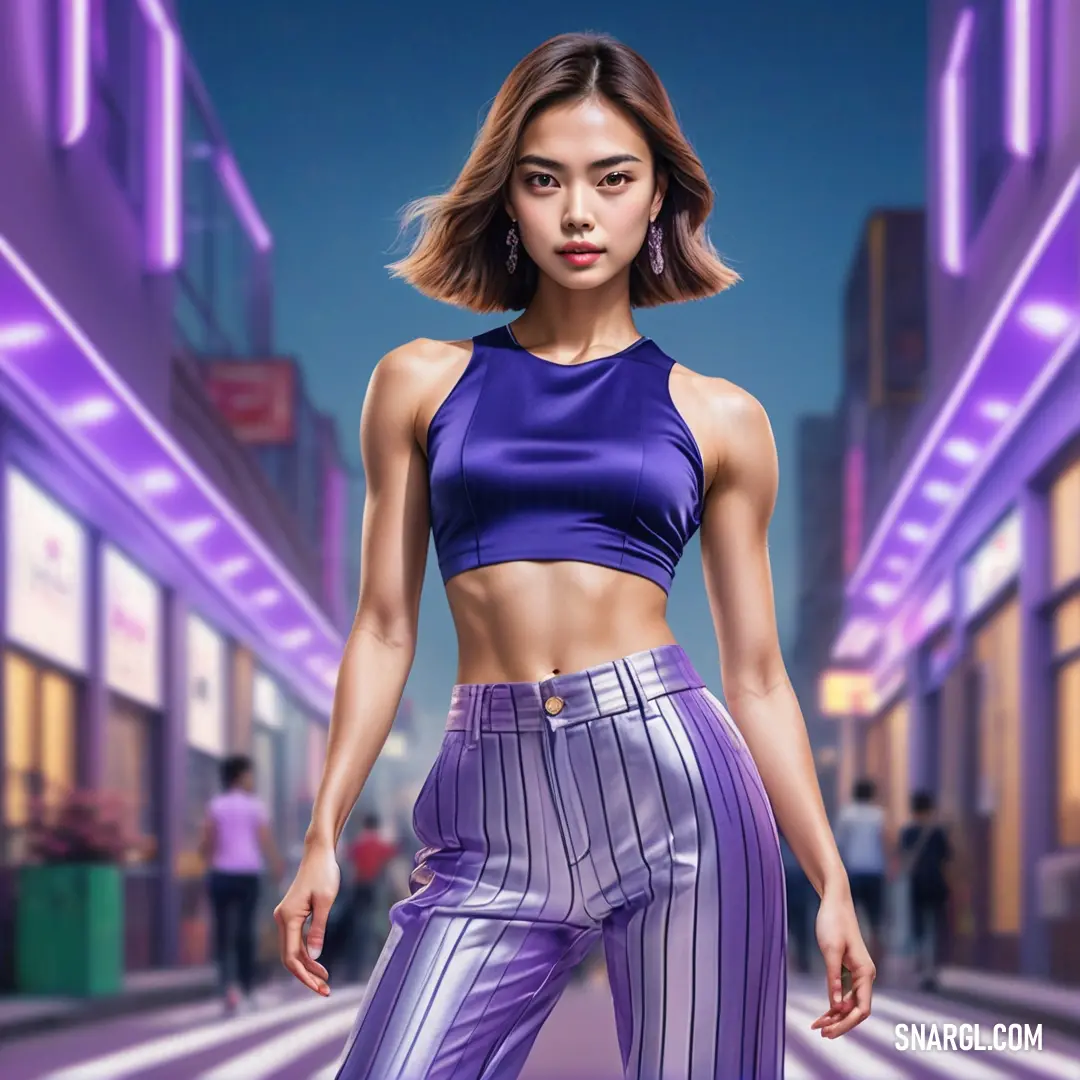 Woman in a purple top and pants walking down a street at night with neon lights on the buildings