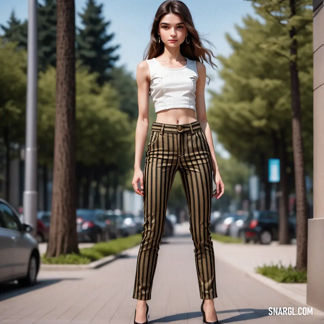 Woman standing on a sidewalk wearing a crop top and striped pants with heels on the side of the street