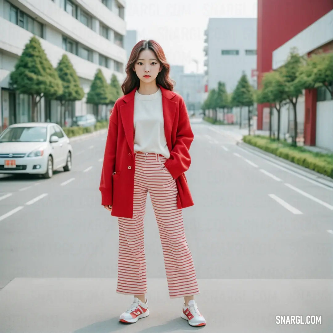 Woman standing on the side of a road wearing a red coat and striped pants with a white top