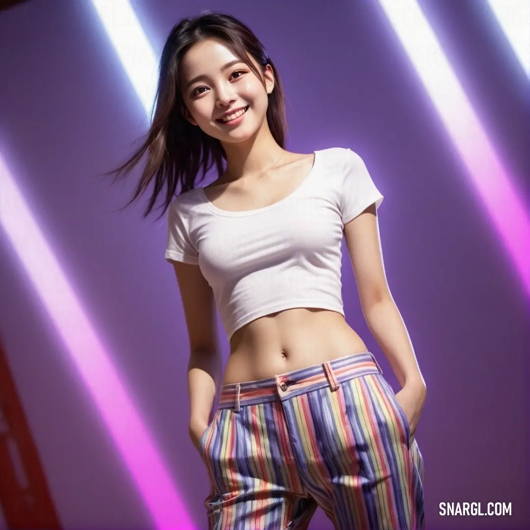 Young asian woman posing for a picture in a white shirt and striped pants with a purple background
