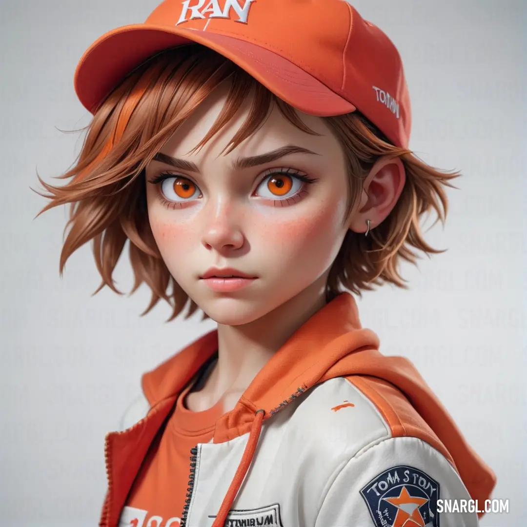 Girl with a baseball cap and orange eyes is looking at the camera with a sad look on her face. Color Outrageous Orange.