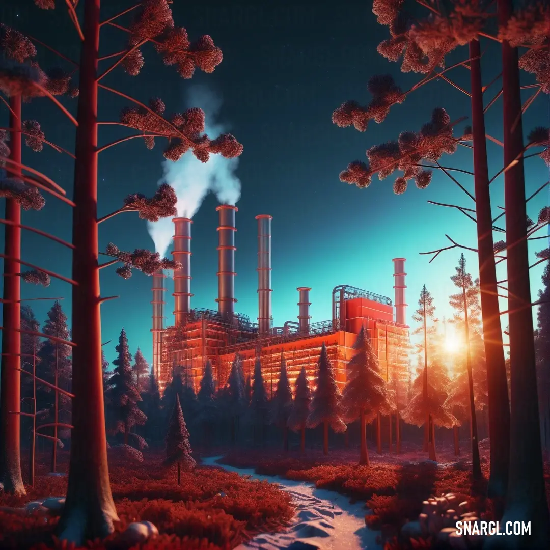 Factory in the middle of a forest with a river running through it and a glowing sun in the background. Color #FF6E4A.