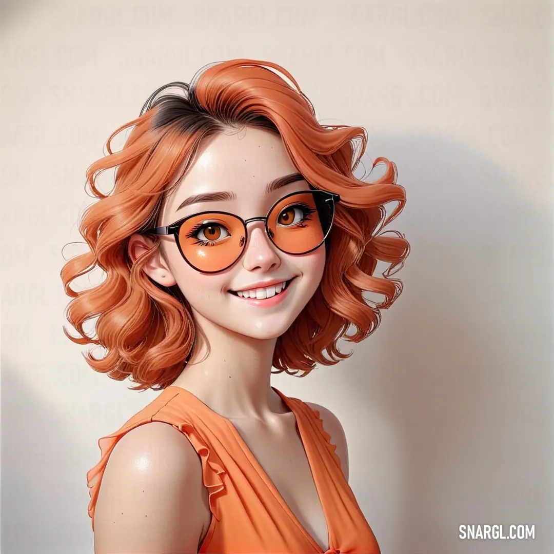 Woman with orange hair and glasses on her face smiling at the camera with a white background. Color RGB 255,110,74.