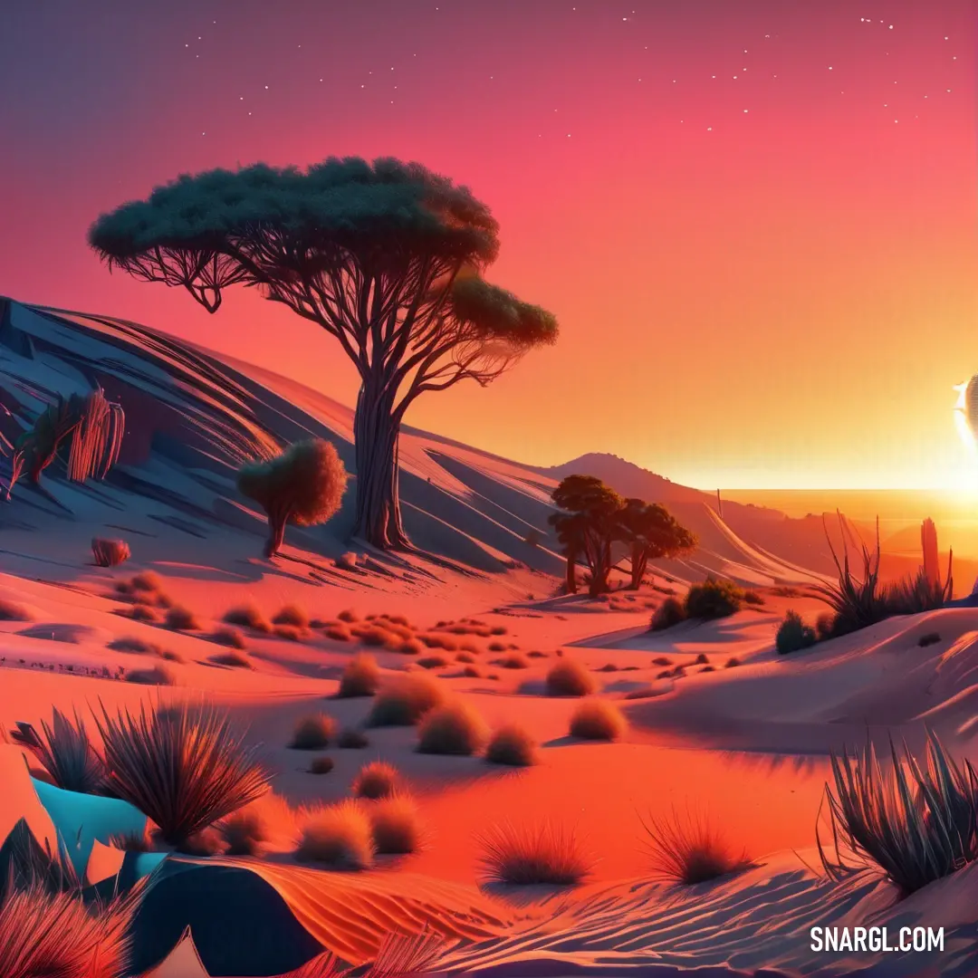 Painting of a desert with trees and bushes at sunset or dawn or dawn or dawn. Color Outrageous Orange.