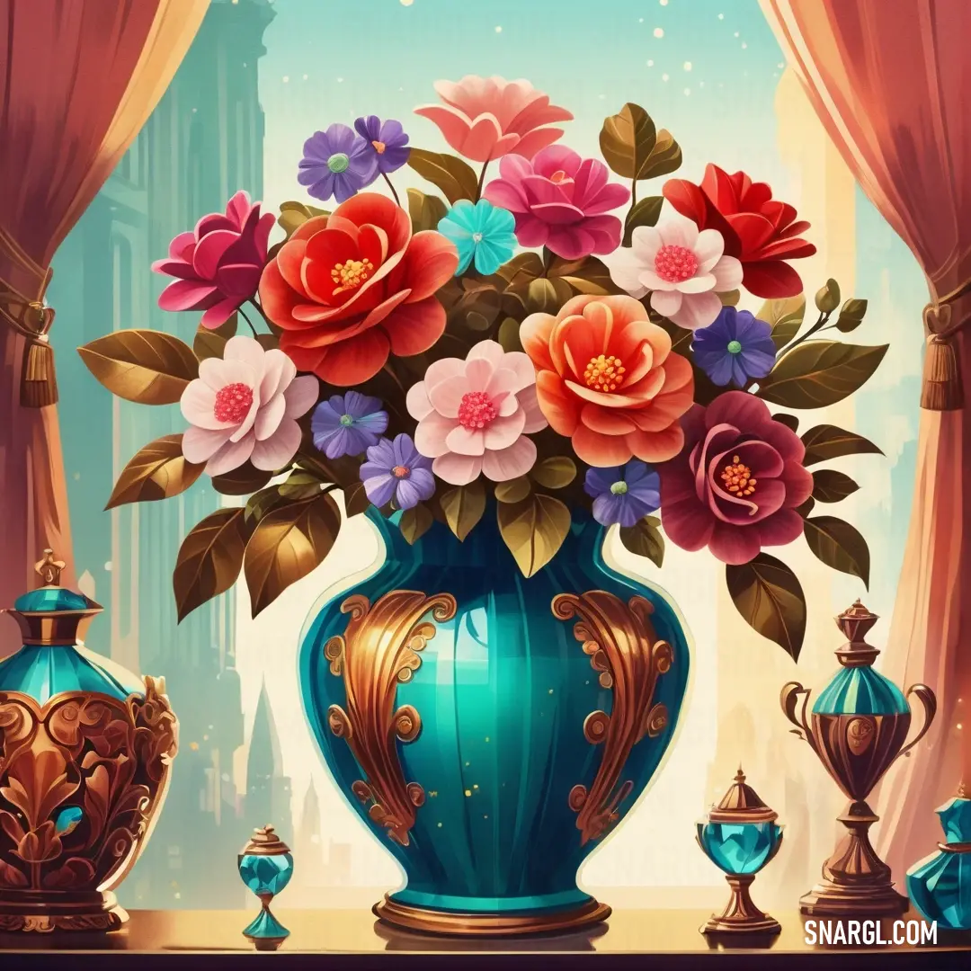 Painting of a vase with flowers in it on a table next to a vase of vases and a vase of flowers. Example of RGB 255,110,74 color.