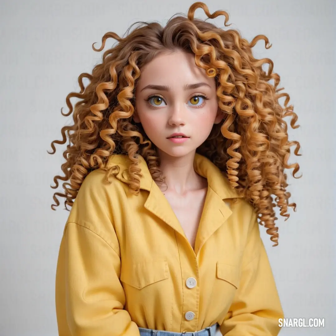 Doll with curly hair is posed for a picture with a yellow shirt on and a blue jean skirt