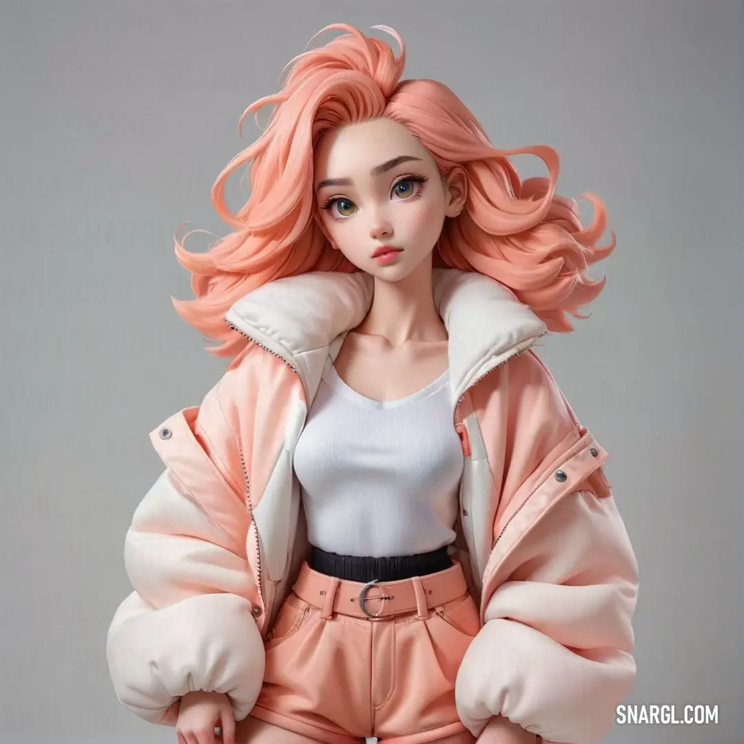 Doll with pink hair and a white shirt and pink pants and a pink jacket and a black belt
