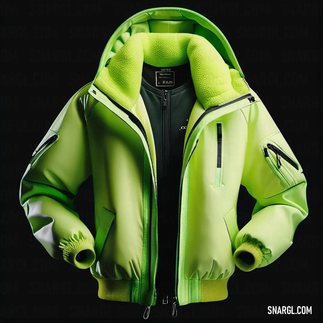 Green jacket with a hood and zippers on it